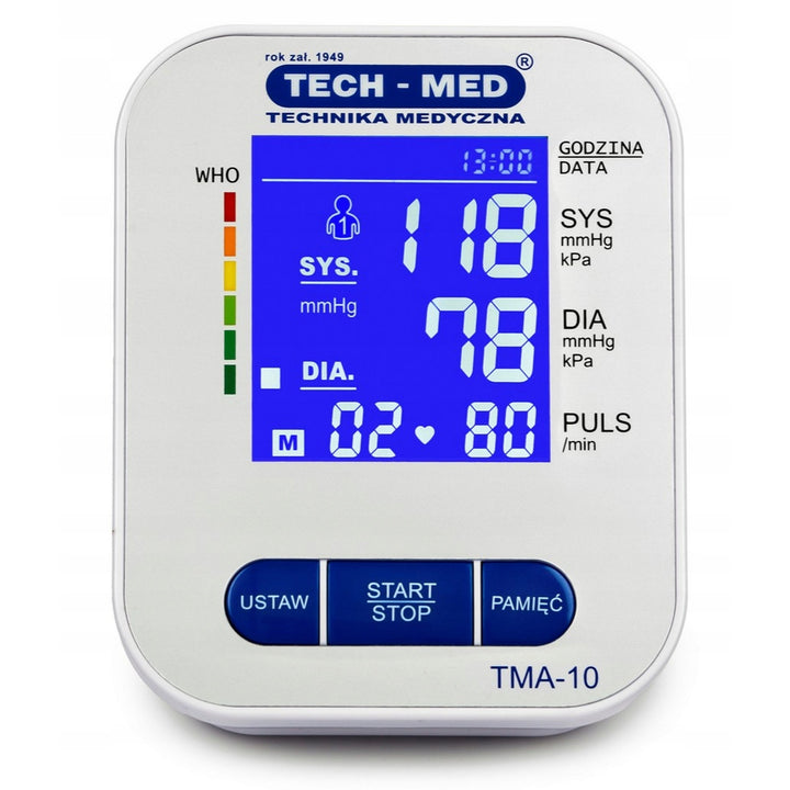 Tensiómetro electrónico, pantalla retroiluminada, manguito de 22–32 cm, indicador de arritmia, TMA-10, Tech-Med