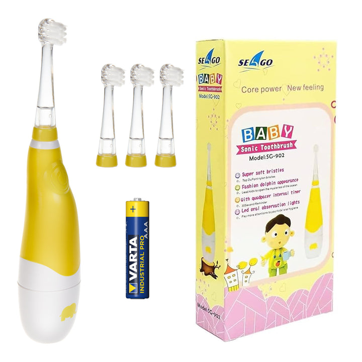 Cepillo de dientes sónico para niños SEAGO, color amarillo, 4 cabezales, SG-902 Yellow + pila alcalina AAA Varta Industrial
