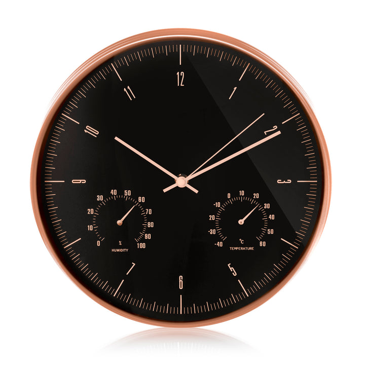 Reloj de pared dorado de 12'' (30 cm) con termómetro e higrómetro CE70 G + pila alcalina R-06 LR6 AA de 1,5 V Varta Industrial