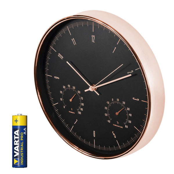 Reloj de pared dorado de 12'' (30 cm) con termómetro e higrómetro CE70 G + pila alcalina R-06 LR6 AA de 1,5 V Varta Industrial