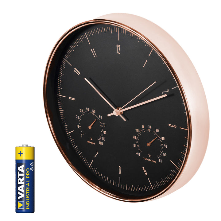 Reloj de pared dorado de 12'' (30 cm) con termómetro e higrómetro CE70 G + pila alcalina R-06 LR6 AA de 1,5 V Varta Industrial