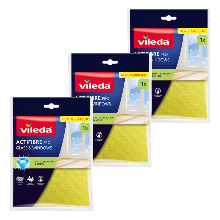 Paño Vileda Actifibre Pro para cristales y ventanas, apto para la lavadora, revestimiento de PVA, sin marcas ni manchas, limpia solo con agua, 183298, 3 unidades