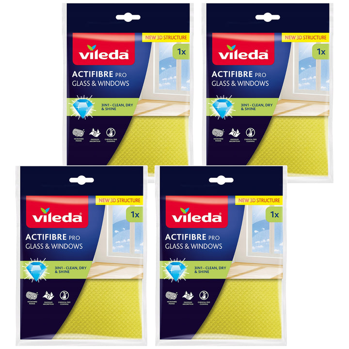 Paño Vileda Actifibre Pro para cristales y ventanas, apto para lavadora, revestimiento de PVA, sin marcas ni manchas, limpia solo con agua, 183298, 4 unidades