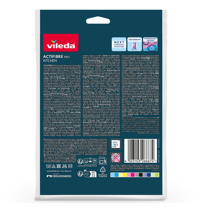Paño de cocina Vileda Actifibre Pro, de microfibra, con recubrimiento de PVA, lavable hasta 60 °C, 183303, 2 unidades