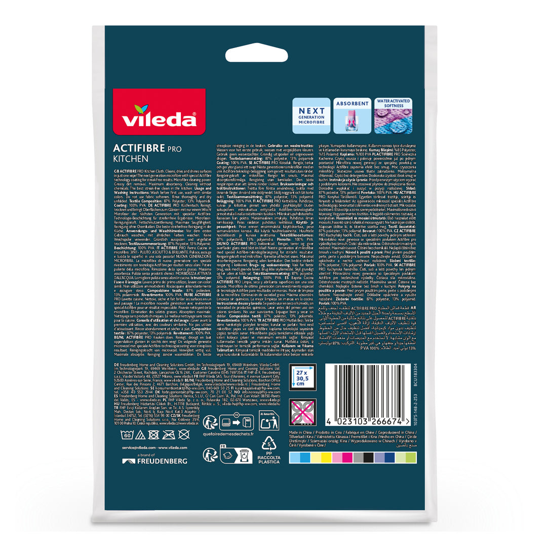 Paño de cocina Vileda Actifibre Pro, de microfibra, con recubrimiento de PVA, lavable hasta 60 °C, 183303, 3 unidades