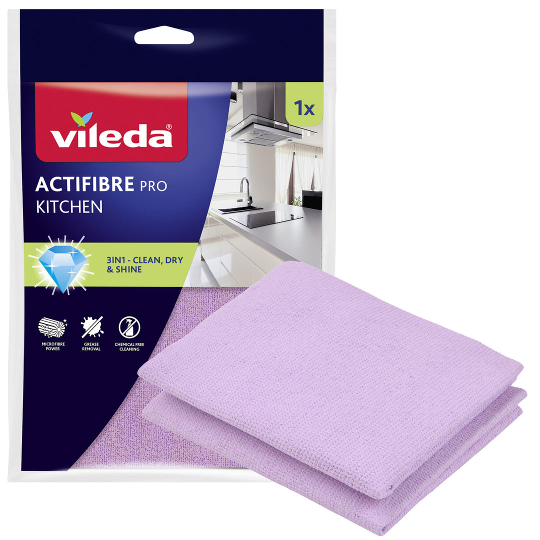 Paño de cocina Vileda Actifibre Pro, de microfibra, con recubrimiento de PVA, lavable hasta 60 °C, 183303, 4 unidades