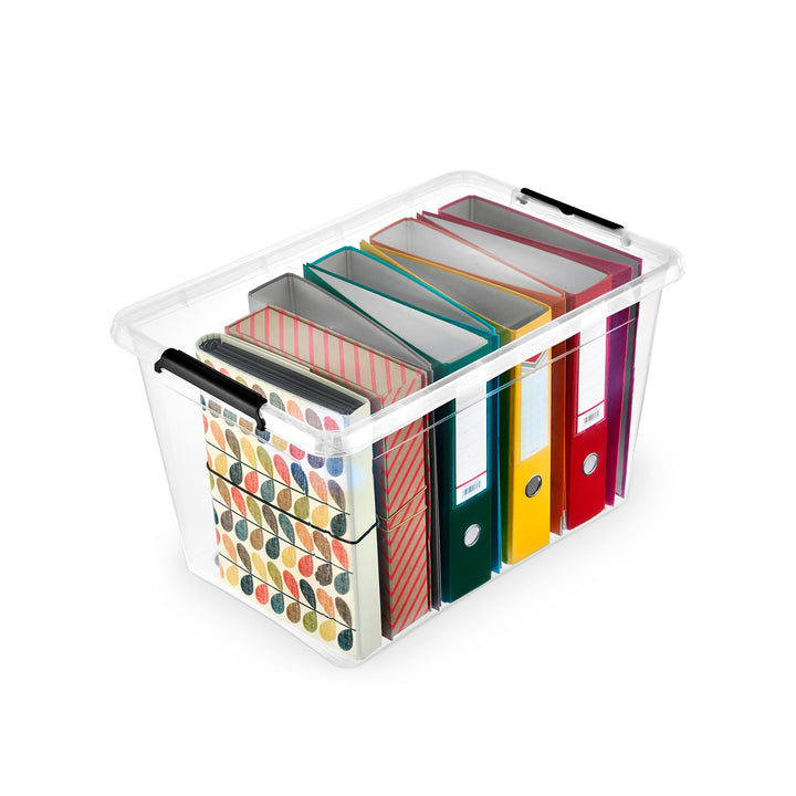 Contenedor Moxom SimpleStore, capacidad de 60 l, transparente, tapa con cierres a presión, con ruedas, sin BPA, 04-0081, 2 unidades
