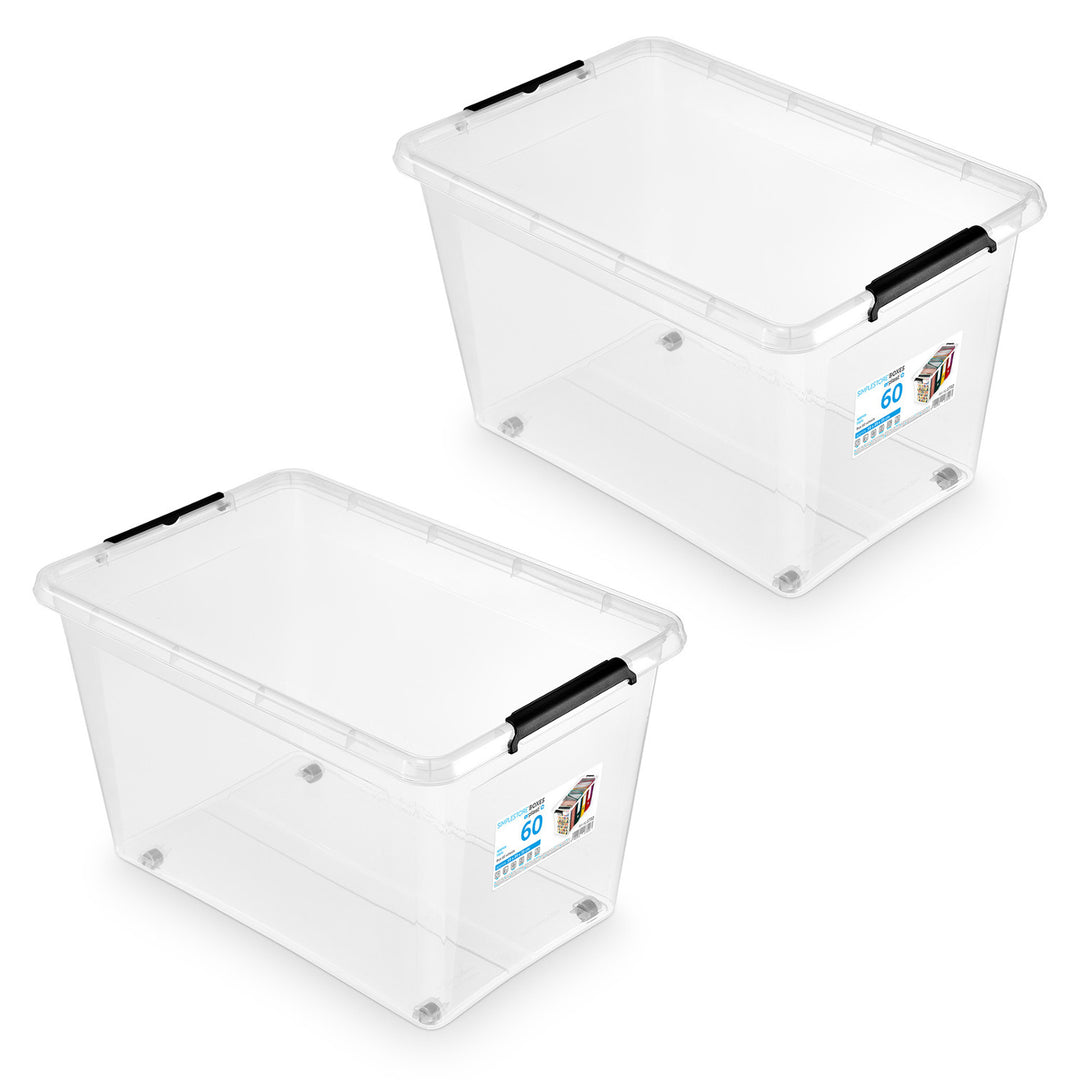 Contenedor Moxom SimpleStore, capacidad de 60 l, transparente, tapa con cierres a presión, con ruedas, sin BPA, 04-0081, 2 unidades