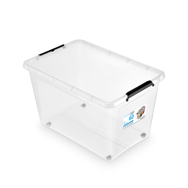 Contenedor Moxom SimpleStore, capacidad de 60 l, transparente, tapa con cierres a presión, con ruedas, sin BPA, 04-0081, 3 unidades