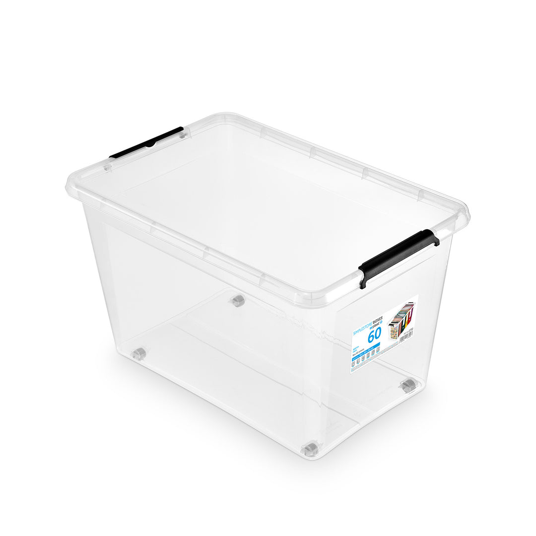 Contenedor Moxom SimpleStore, capacidad de 60 l, transparente, tapa con cierres a presión, con ruedas, sin BPA, 04-0081, 4 unidades