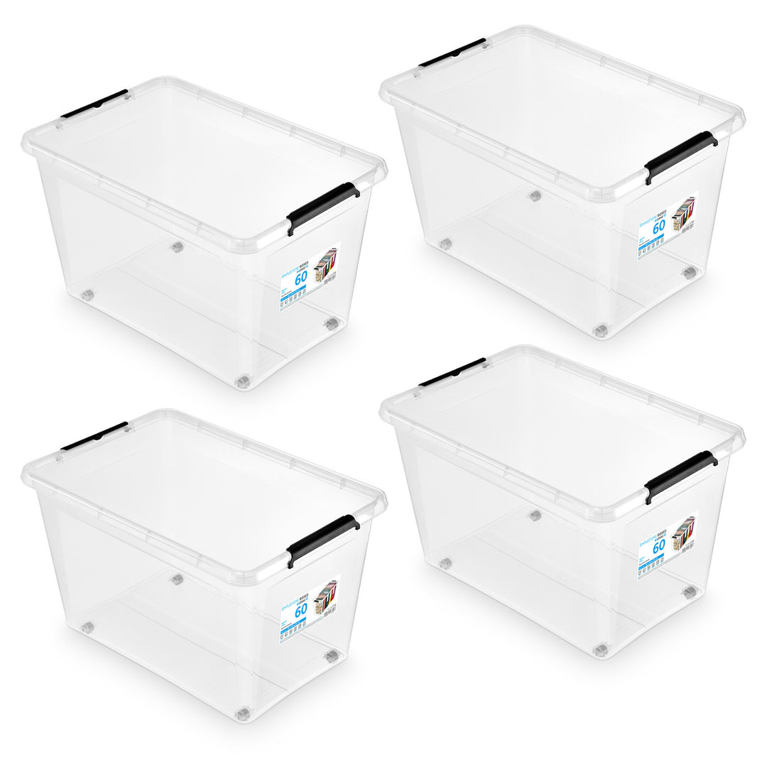 Contenedor Moxom SimpleStore, capacidad de 60 l, transparente, tapa con cierres a presión, con ruedas, sin BPA, 04-0081, 4 unidades