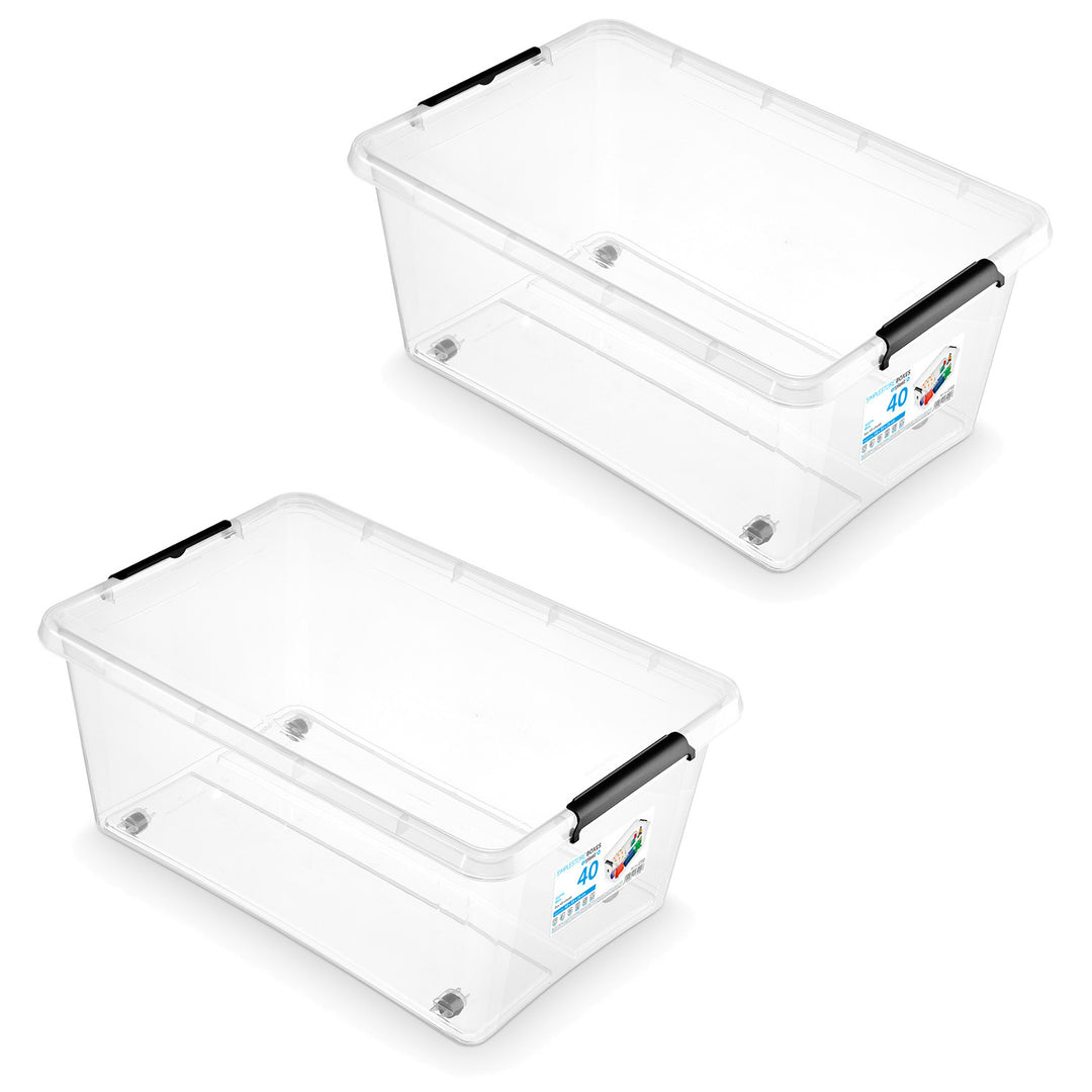 Contenedor Moxom SimpleStore, capacidad de 40 l, transparente, tapa con cierres a presión, con ruedas, sin BPA, 04-0076, 2 unidades