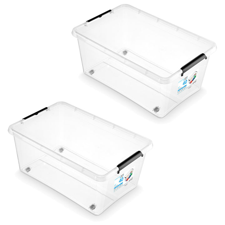Contenedor Moxom SimpleStore, capacidad de 40 l, transparente, tapa con cierres a presión, con ruedas, sin BPA, 04-0076, 2 unidades