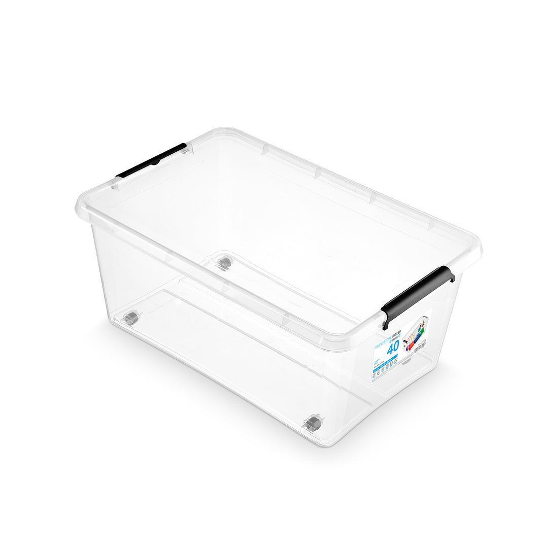 Contenedor Moxom SimpleStore, capacidad de 40 l, transparente, tapa con cierres a presión, con ruedas, sin BPA, 04-0076, 4 unidades
