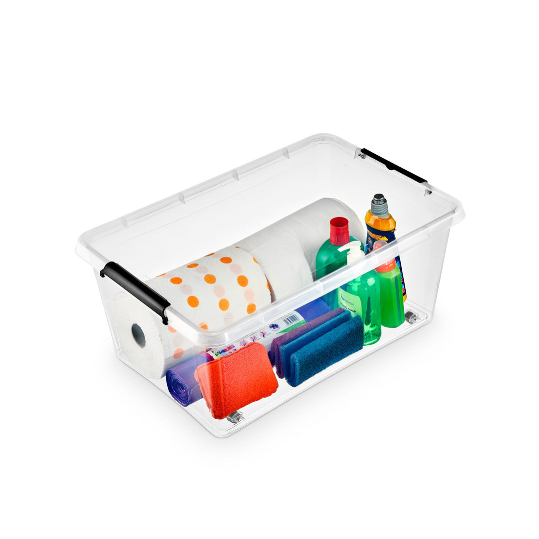 Contenedor Moxom SimpleStore, capacidad de 40 l, transparente, tapa con cierres a presión, con ruedas, sin BPA, 04-0076, 4 unidades