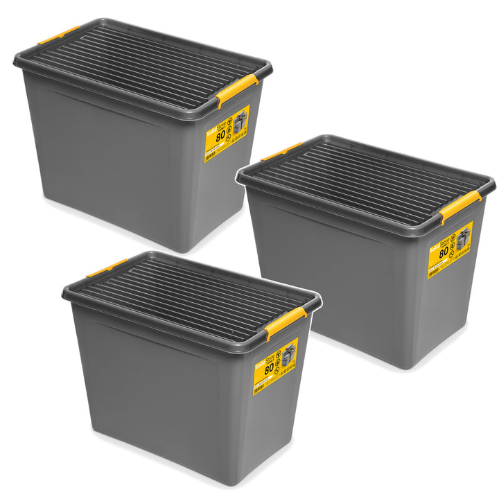 Contenedor Moxom SolidStore, capacidad de 80 l, gris, tapa con cierres a presión, con ruedas, sin BPA, 04-0217, 3 unidades