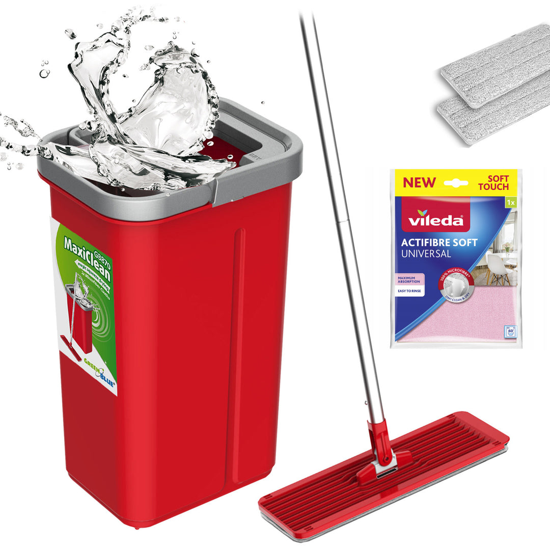 Fregona plana con cubo y escurridor GreenBlue, dos recambios de microfibra HQ, capacidad de 5,7 l, MaxiClean GB870 + paño Vileda Actifibre Soft