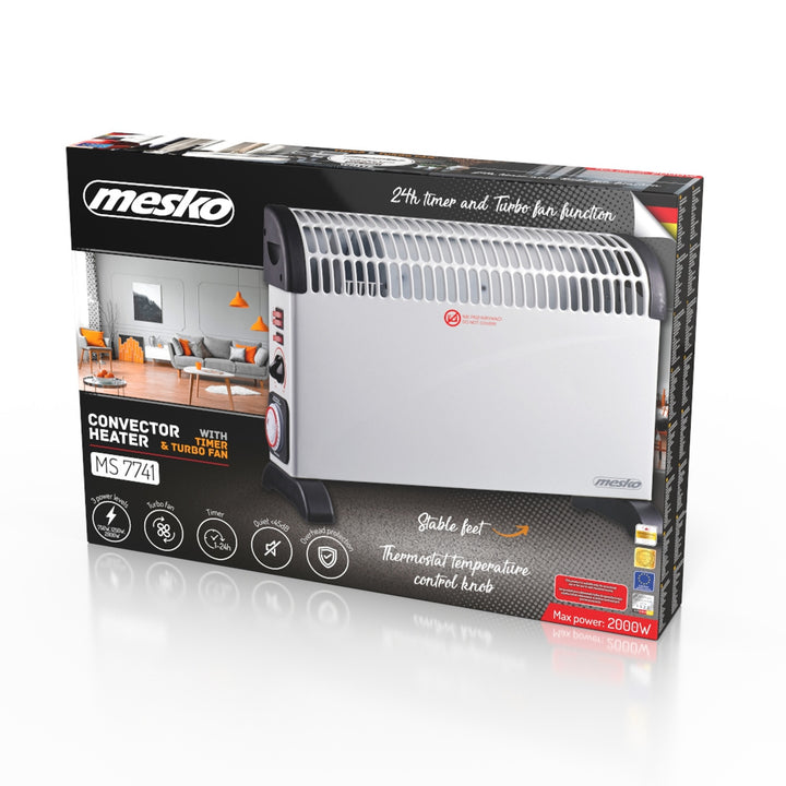 Convector eléctrico, termostato, 2000 W, temporizador de 24 horas, blanco, cable de 150 cm, Mesko, MS 7741W