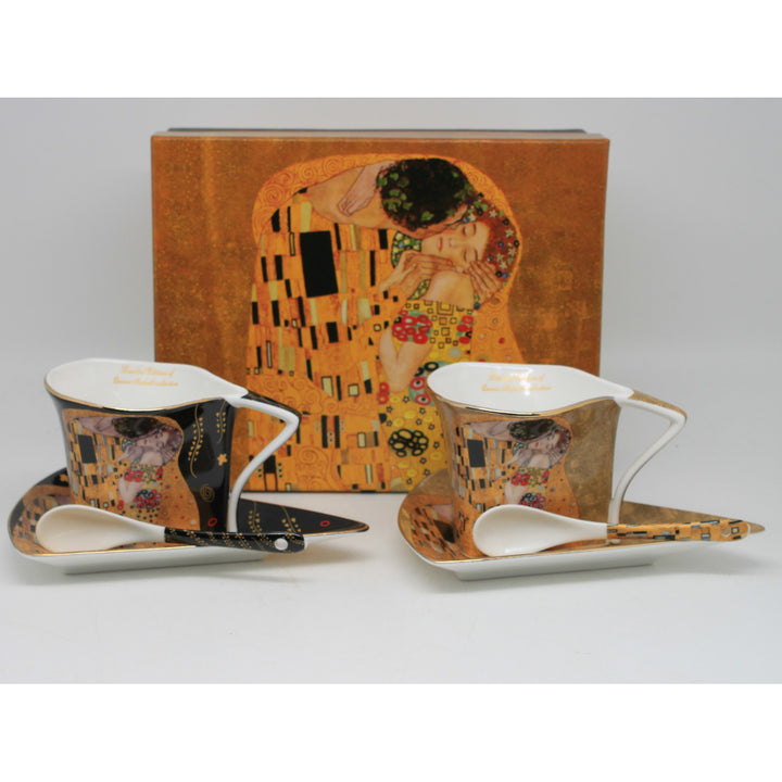 Tazas de porcelana «El beso» de Klimt, 2 x 180 ml, con cucharillas, Queen Isabell