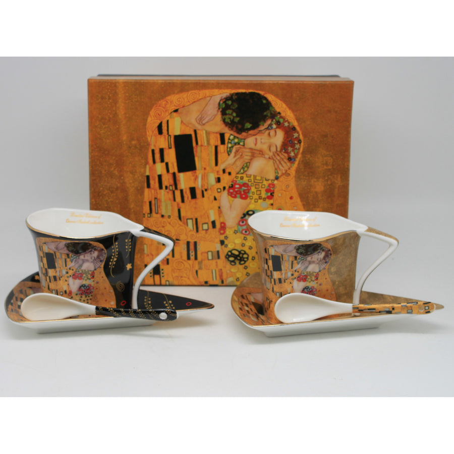 Tazas de porcelana «El beso» de Klimt, 2 x 180 ml, con cucharillas, Queen Isabell