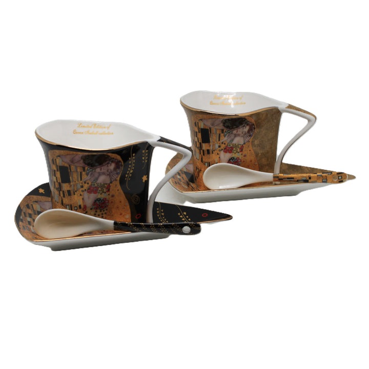 Tazas de porcelana «El beso» de Klimt, 2 x 180 ml, con cucharillas, Queen Isabell