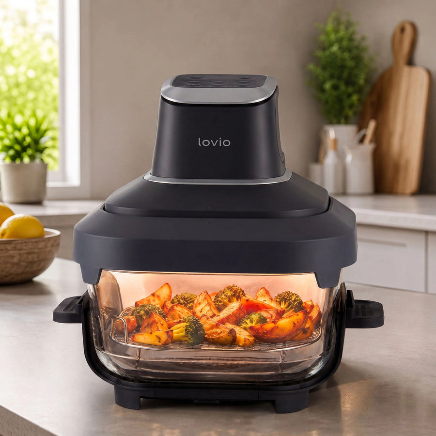 Freidora sin aceite LOVIO PureFry Ultra Crisp LVAF003BK 4 l + 1,5 l, 1550 W, negra, con recipientes de cristal
