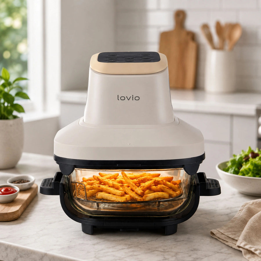 Freidora sin aceite LOVIO PureFry Ultra Crisp LVAF003BE 4 l + 1,5 l, 1550 W, color beige, con recipientes de cristal