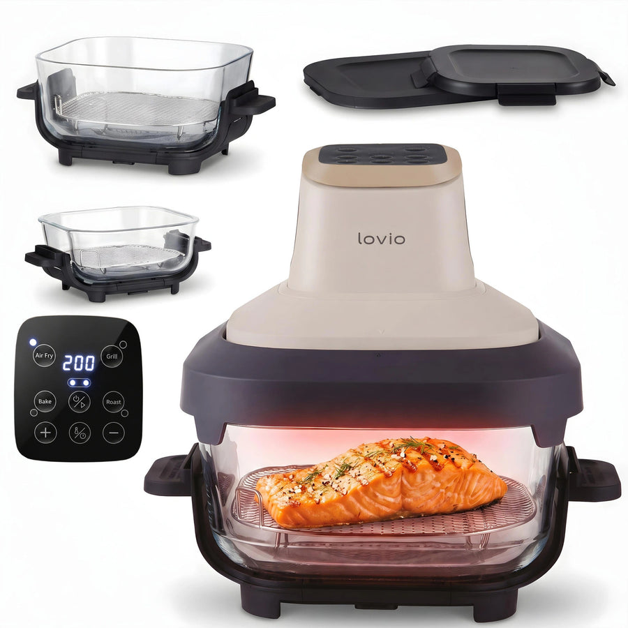Freidora sin aceite LOVIO PureFry Ultra Crisp LVAF003BE 4 l + 1,5 l, 1550 W, color beige, con recipientes de cristal
