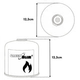 Cartucho de gas GreenBlue de 500 g. Certificado: Pi 0437, conforme a la norma EN 417, butano-propano, rango de temperatura de -10 °C a +40 °C, válvula de 7/16", GB499, 48 unidades
