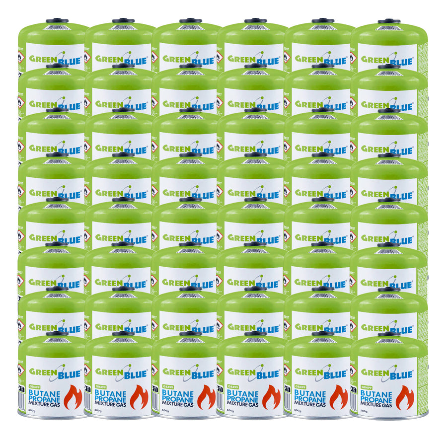 Cartucho de gas GreenBlue de 500 g. Certificado: Pi 0437, conforme a la norma EN 417, butano-propano, rango de temperatura de -10 °C a +40 °C, válvula de 7/16", GB499, 48 unidades