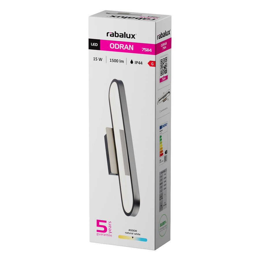 Aplique de baño, Odran, LED 15 W, 1200 lm, 4000 K, L 40 cm, gris plomo, IP44, 75114