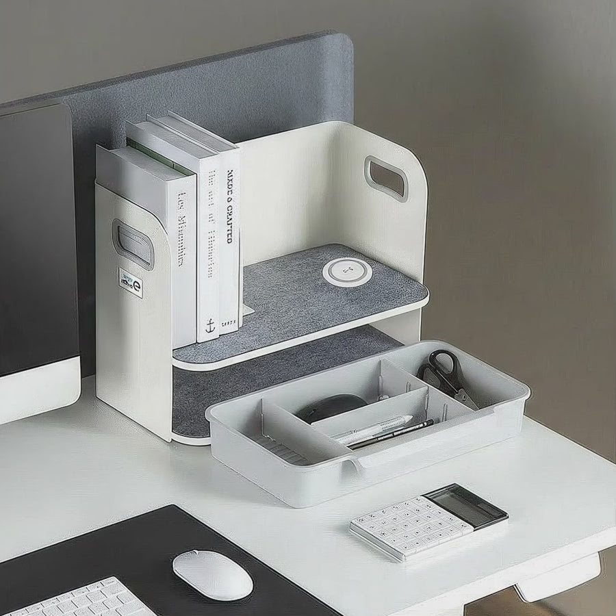 Organizador de escritorio con cajón y cargador inalámbrico Ergo Office, blanco, máx. 10kg, ER-441