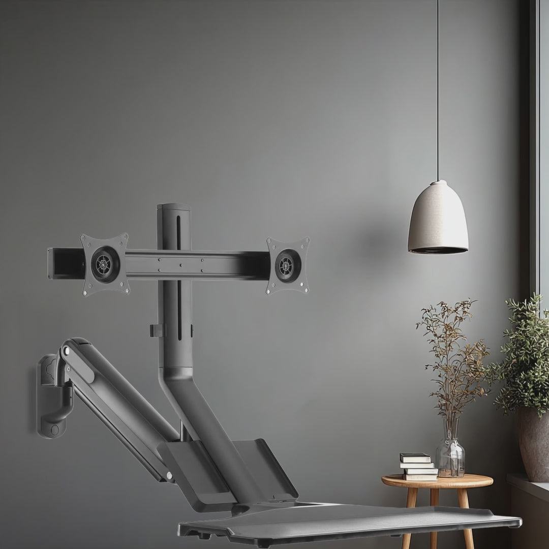 Maclean MC-633 Estación de trabajo de pie y sentado 3 en 1: soporte de pared para monitor de 2 vías con estante para teclado y soporte para computadora Soporte de pared de resorte de gas de 17-32 "pulgadas