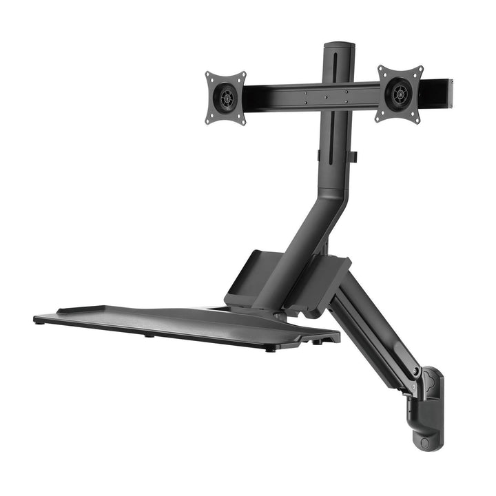 Maclean MC-633 Estación de trabajo de pie y sentado 3 en 1: soporte de pared para monitor de 2 vías con estante para teclado y soporte para computadora Soporte de pared de resorte de gas de 17-32 "pulgadas
