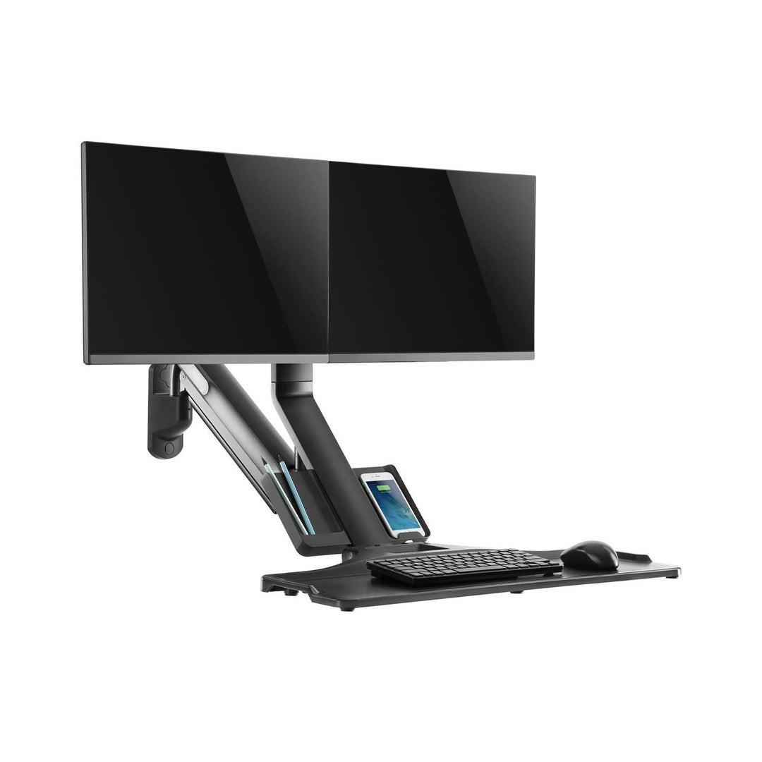 Maclean MC-633 Estación de trabajo de pie y sentado 3 en 1: soporte de pared para monitor de 2 vías con estante para teclado y soporte para computadora Soporte de pared de resorte de gas de 17-32 "pulgadas