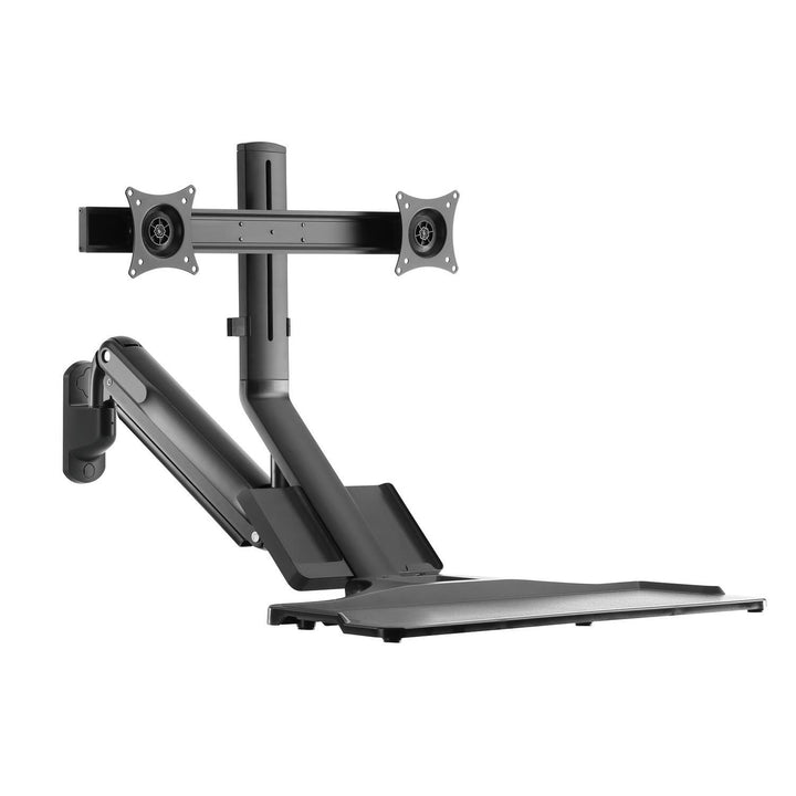 Maclean MC-633 Estación de trabajo de pie y sentado 3 en 1: soporte de pared para monitor de 2 vías con estante para teclado y soporte para computadora Soporte de pared de resorte de gas de 17-32 "pulgadas
