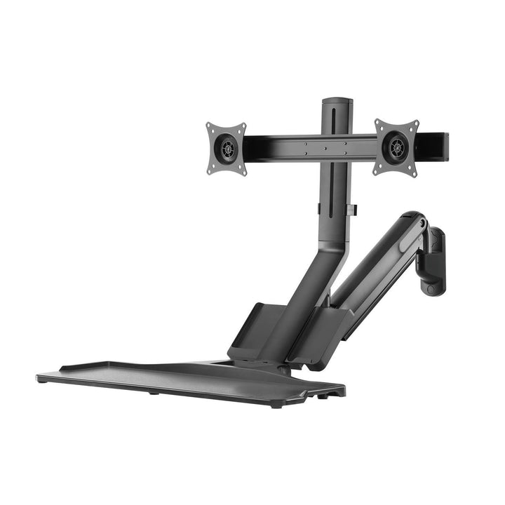 Maclean MC-633 Estación de trabajo de pie y sentado 3 en 1: soporte de pared para monitor de 2 vías con estante para teclado y soporte para computadora Soporte de pared de resorte de gas de 17-32 "pulgadas