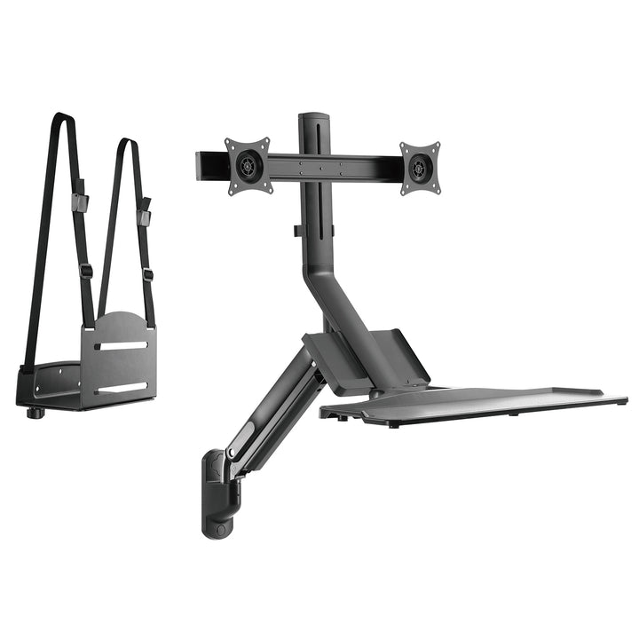 Maclean MC-633 Estación de trabajo de pie y sentado 3 en 1: soporte de pared para monitor de 2 vías con estante para teclado y soporte para computadora Soporte de pared de resorte de gas de 17-32 "pulgadas