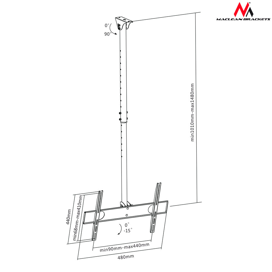 Maclean MC-631 - Soporte de techo para pantalla LCD LED TV 32-65", 50kg, VESA Ajustable 90°