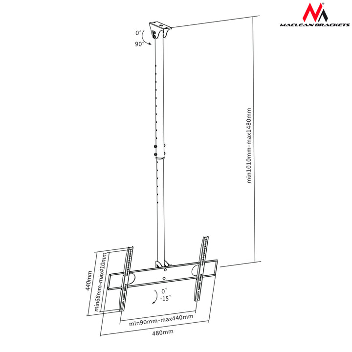 Maclean MC-631 - Soporte de techo para pantalla LCD LED TV 32-65", 50kg, VESA Ajustable 90°