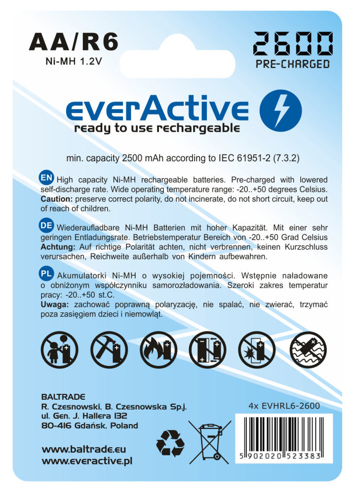 pilhas recarregáveis ​​everActive Ni-MH R-06 AA 2600mAh