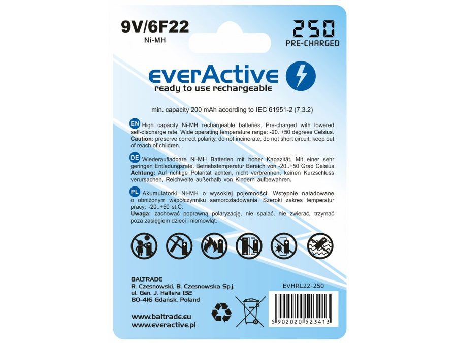 Bateria EverActive Ni-MH 9V 6F22 250mAh Linha Prata
