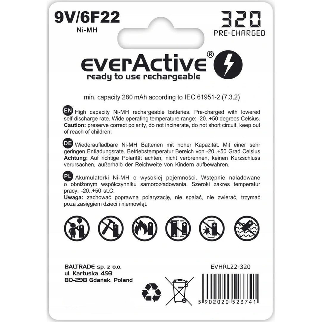 Bateria recarregável EverActive 6F22/9V Ni-MH 320 mAh
