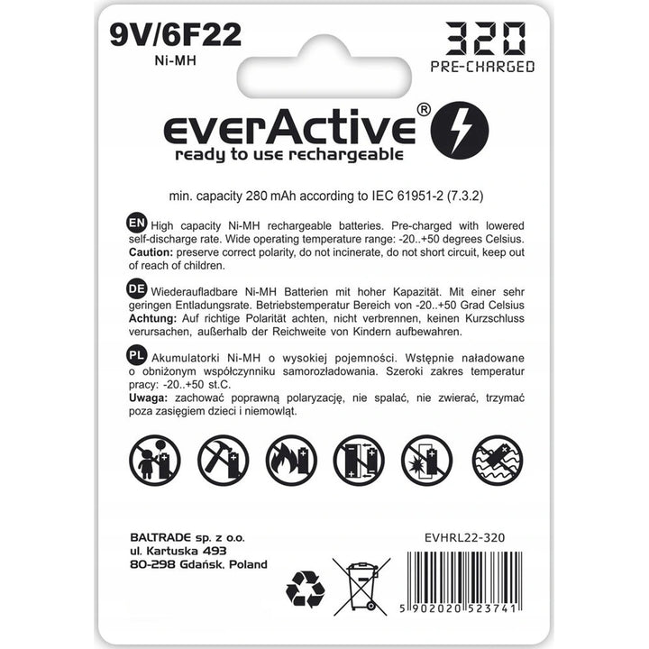 Bateria recarregável EverActive 6F22/9V Ni-MH 320 mAh