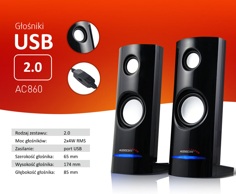 Altavoces para PC 2.0 USB, 2x4W, auto alimentado, color negro Audiocore AC860