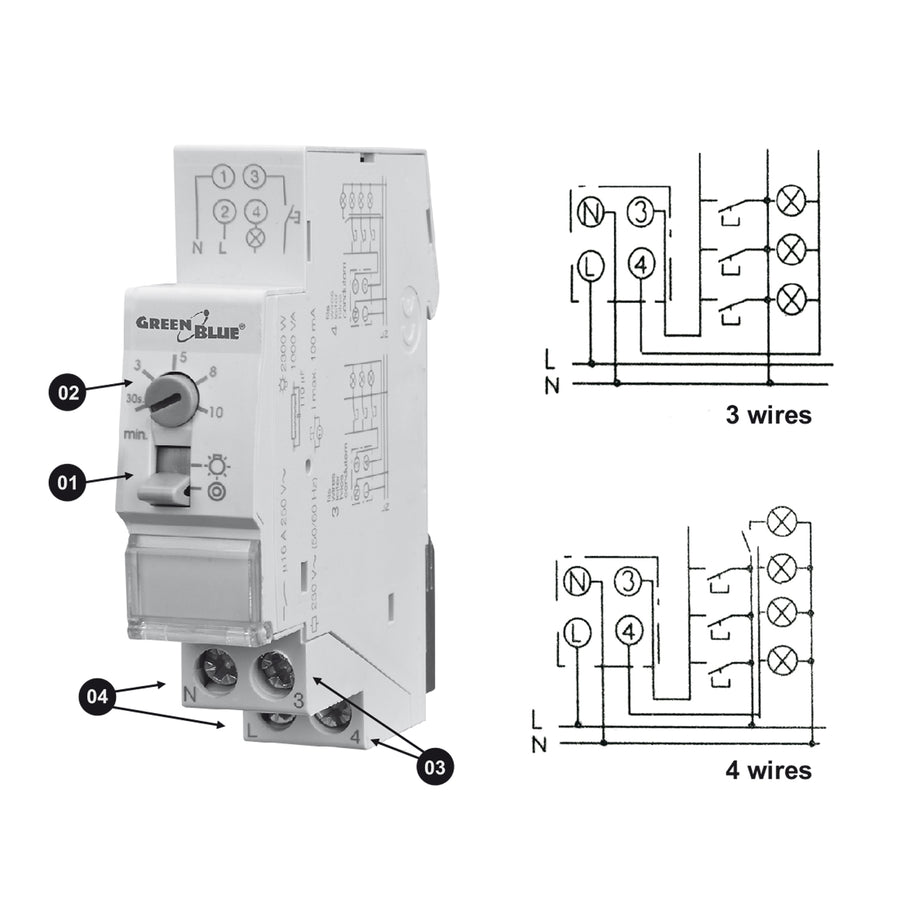Controle de temporizador em trilho DIN 30s-10m max 2300W escadas GreenBlue GB114