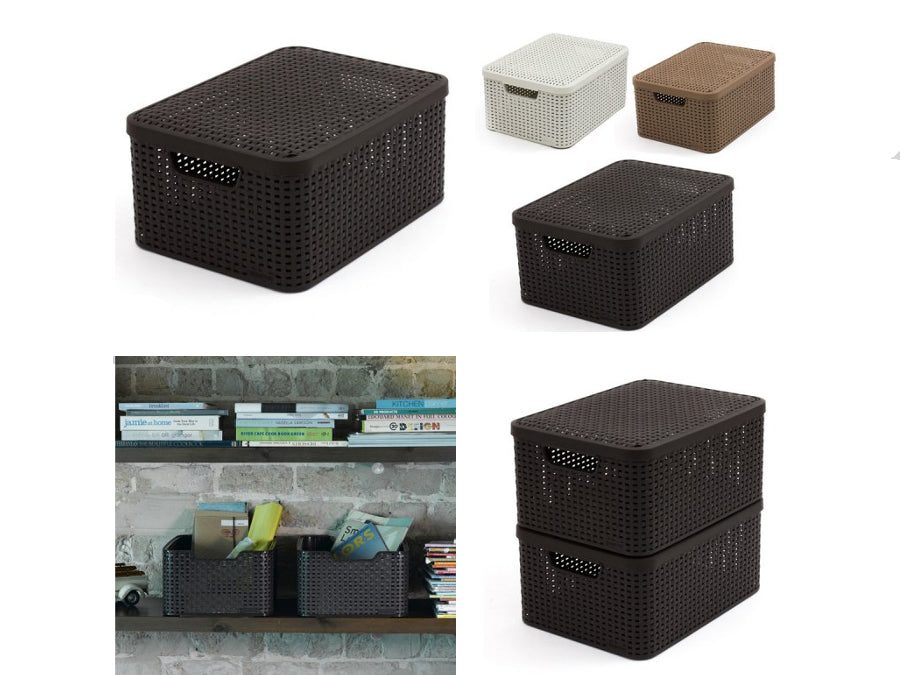 Cesto multiusos Curver com tampa, castanho escuro, estilo rattan L