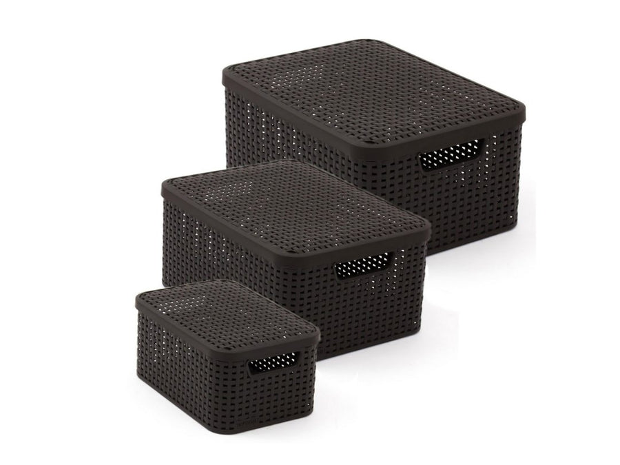 Cesto multiusos Curver com tampa, castanho escuro, estilo rattan L