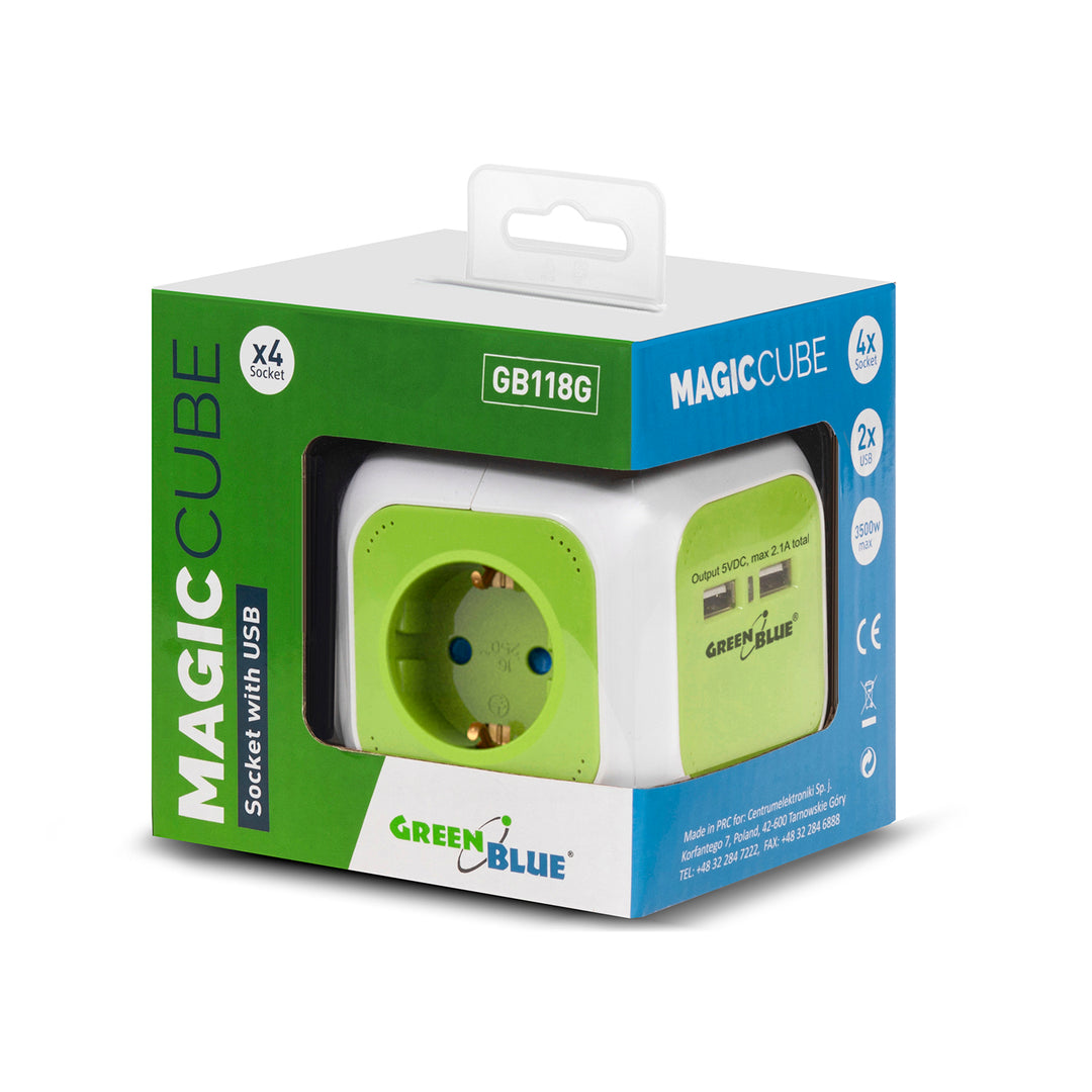 Toma de corriente, 2 entradas USB, longitud del cable 1,4m, GreenBlue GB118G - MagicCube,
