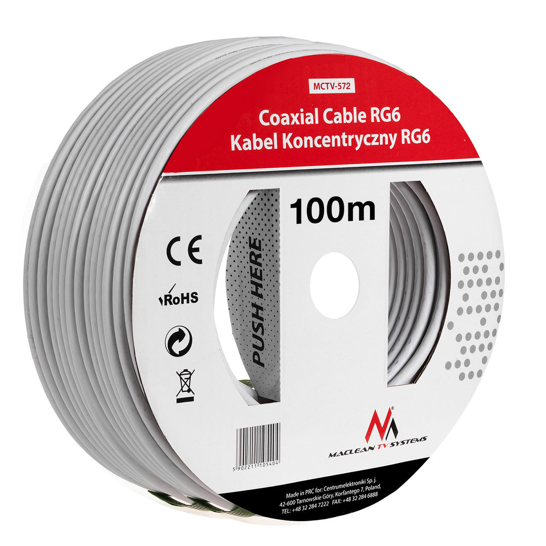 Cabo coaxial 1.0 com núcleo de 1 mm de espessura CCS RG6 100m Maclean MCTV-572